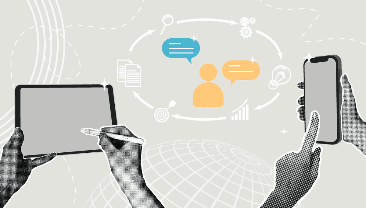 Illustration of hands using a tablet and smartphone with icons for communication, gears, documents, and charts, symbolizing product development strategy and collaboration.