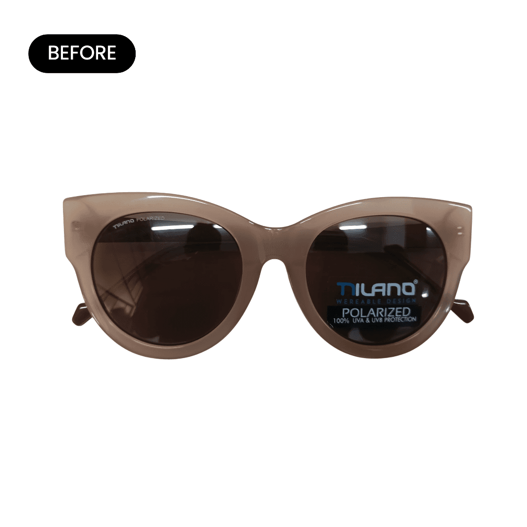 Original product photo of brown sunglasses on a plain white background, before AI enhancement