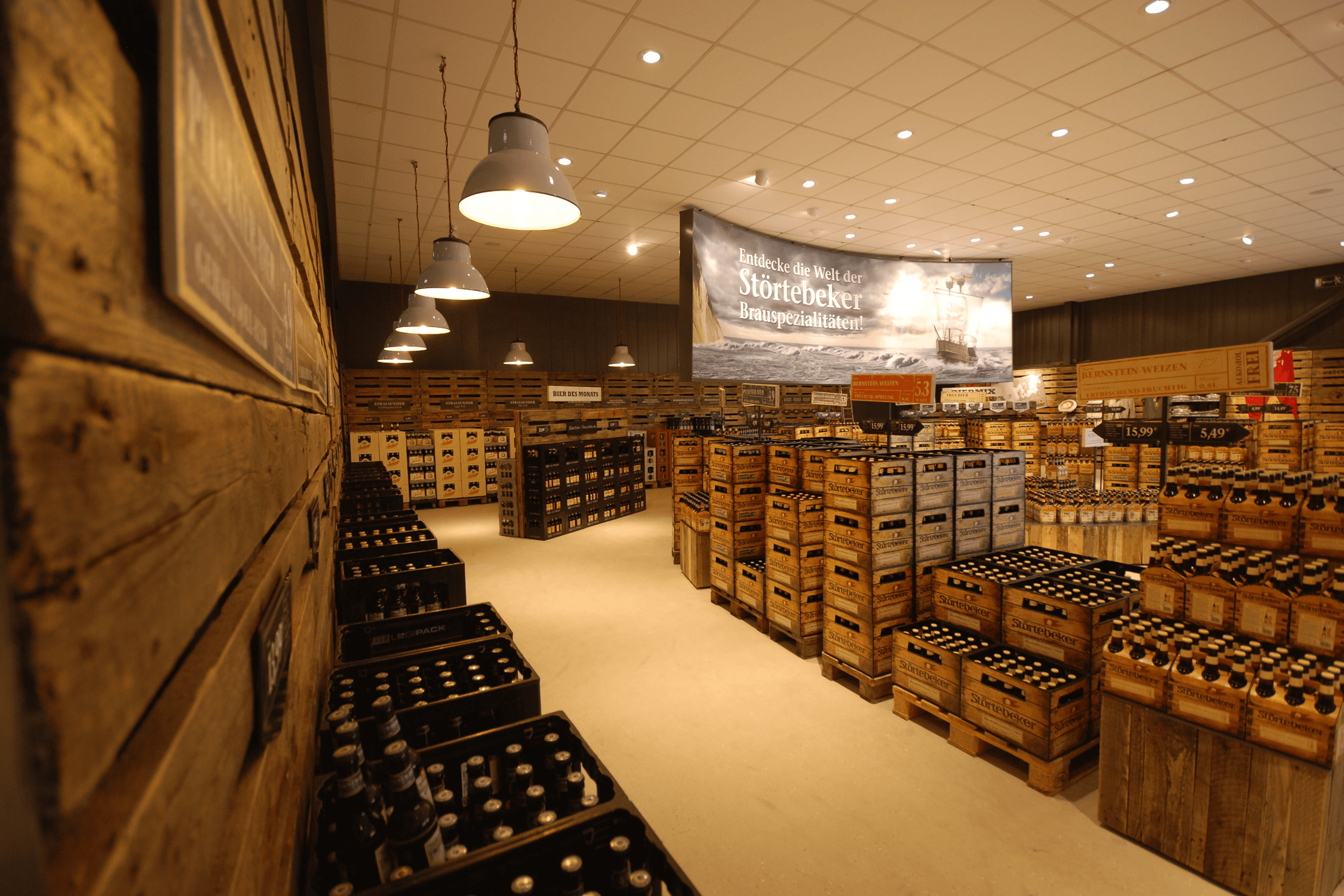 Beer crates and bottles stacked in a store