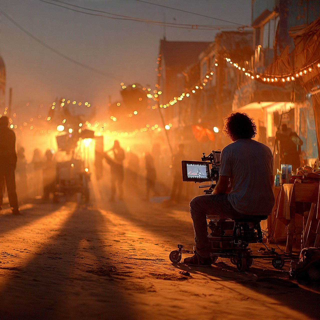 Film set at dusk with warm, glowing lights and a camera operator seated on a dolly. Silhouettes of people and equipment are softly illuminated.