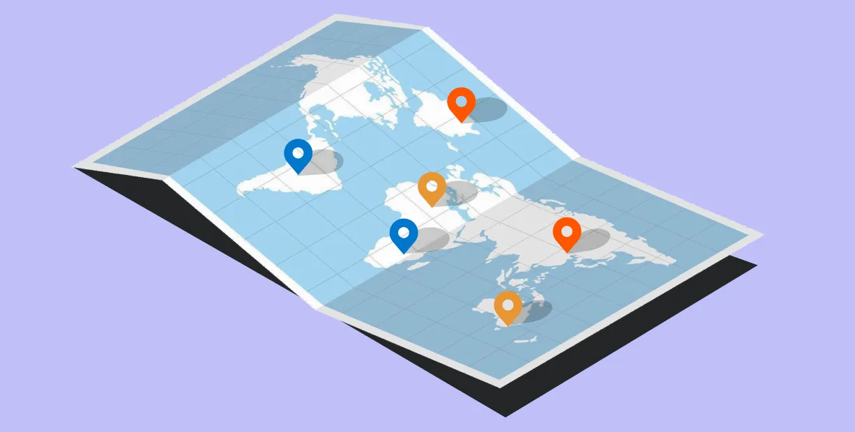 An image of a world map unfolded, with locations pinpointed around the world. The background is light purple.