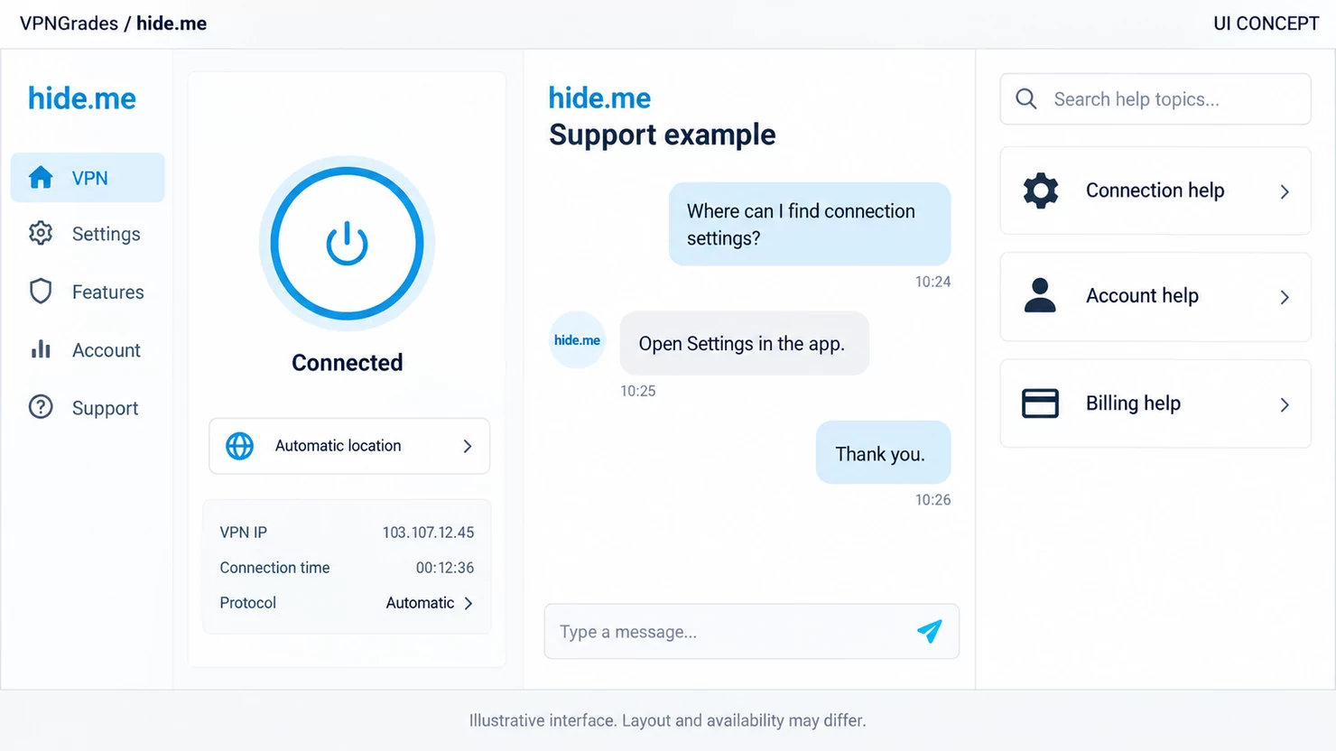 hide.me: a support conversation concept (illustration).