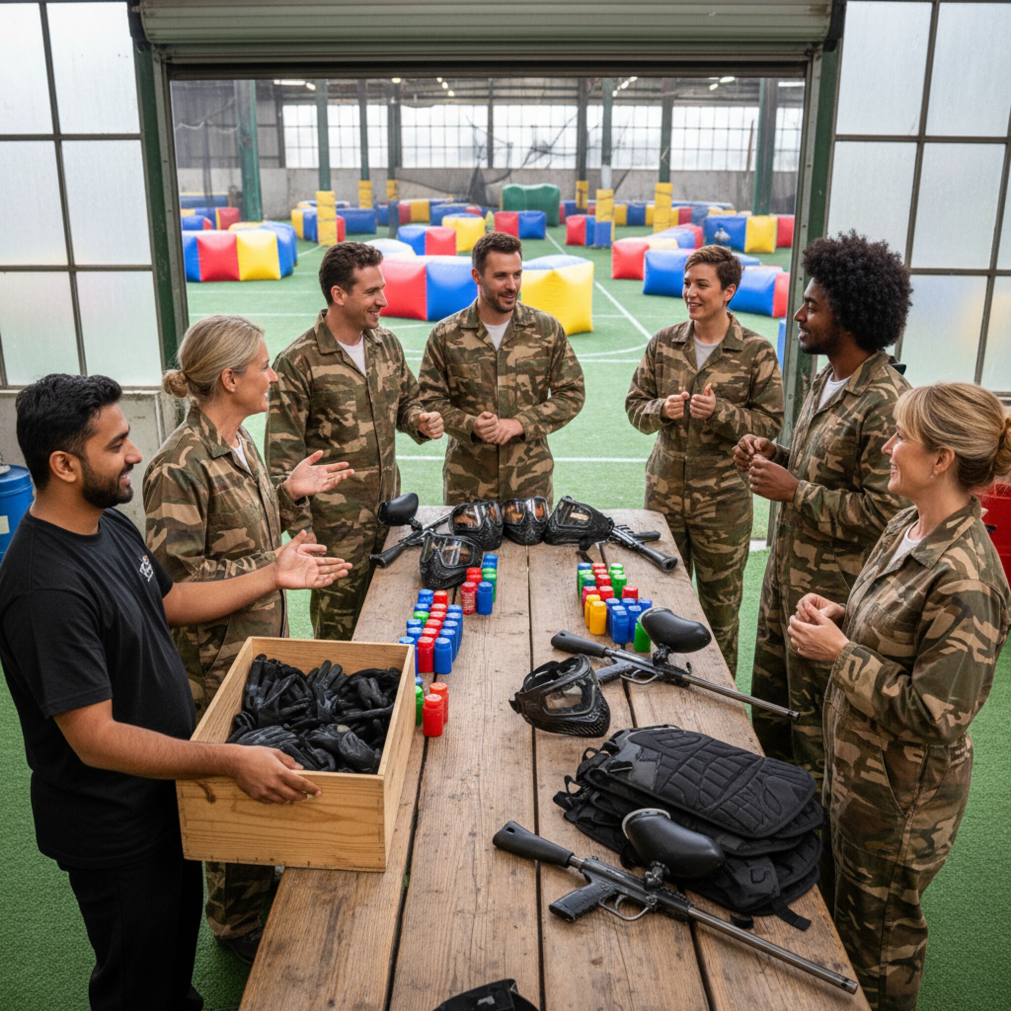 An rustikalem Holztisch ziehen Kolleginnen und Kollegen Overalls über, bunte Munitionspods liegen ordentlich bereit. Ein Betreuer hält eine Kiste mit Handschuhen, joviale Stimmung füllt den Raum. Im Hintergrund wartet ein Feld mit aufgeblasenen Hindernissen in satten Farben.