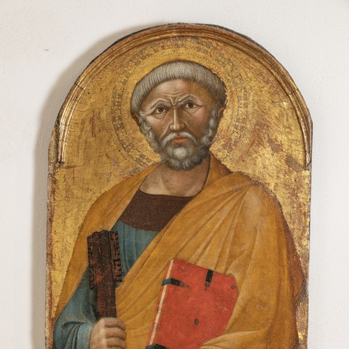 A painting of an older man with a gray beard and halo, holding a large key and a red book, dressed in a yellow cloak.