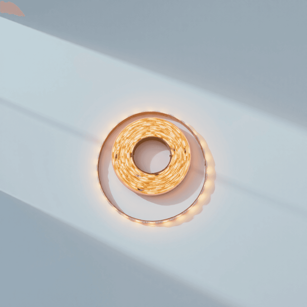 product photography of a roll of LED strip lights for decorative lighting