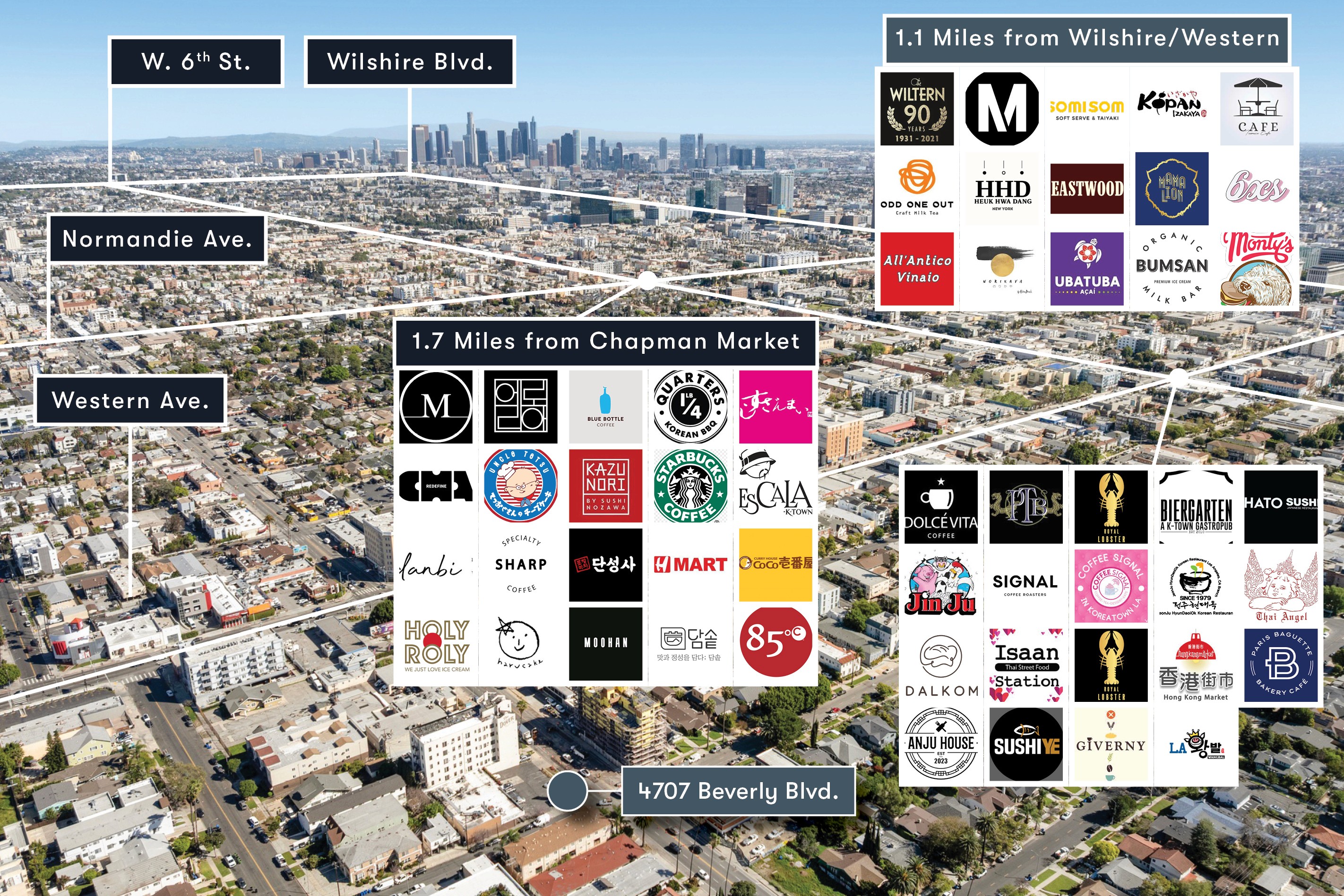 Aerial neighborhood map showing 4707 Beverly Blvd near Wilshire Blvd, Chapman Market, and local businesses