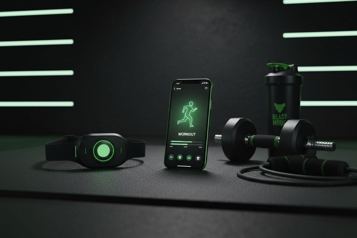 An iPhone with a workout screen beside a heart rate monitor and gym gear