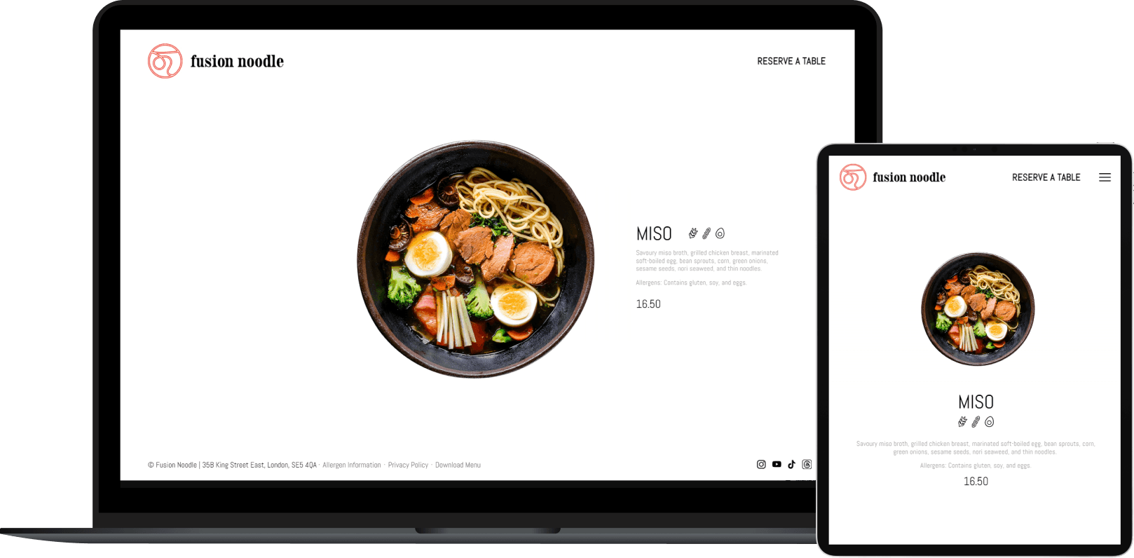 Fusion Noodle ramen restaurant responsive web design on Framer