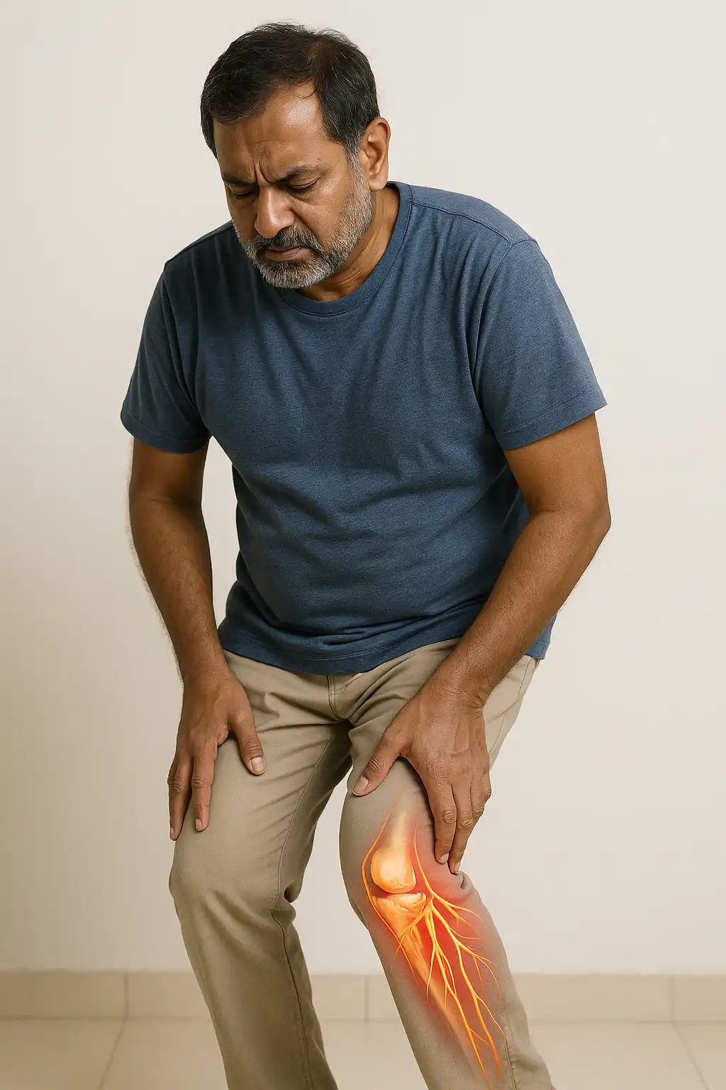 Middle-aged man bending forward and holding his knee in pain, with an illustrated overlay of nerves around the knee joint indicating peripheral neuropathy or nerve inflammation.