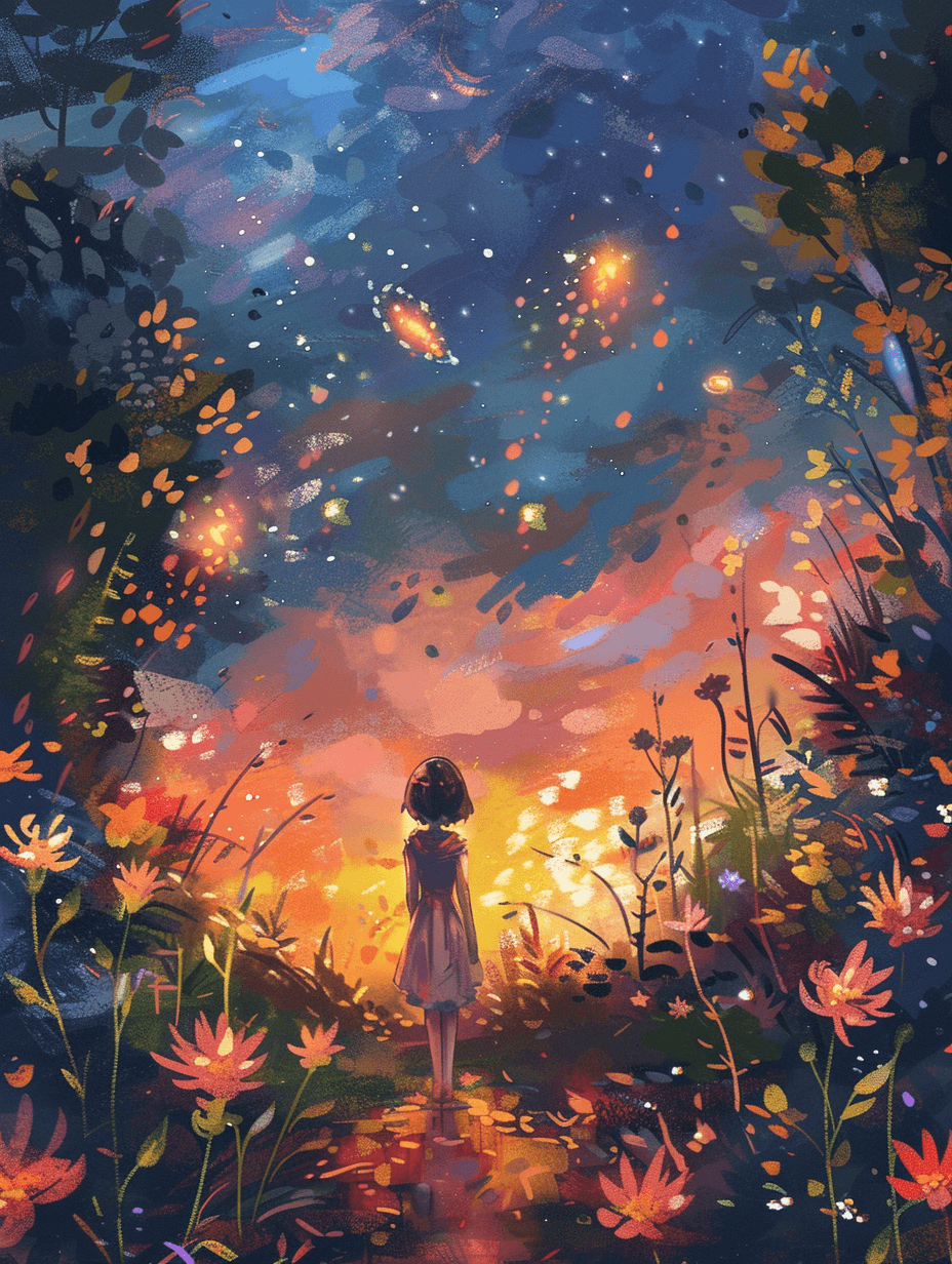 a silhouette of a little girl with short hair standing in an extraterrestrial garden with alien plants, glowing flowers, and strange, ethereal creatures floating around, set against the backdrop of a colorful nebula.