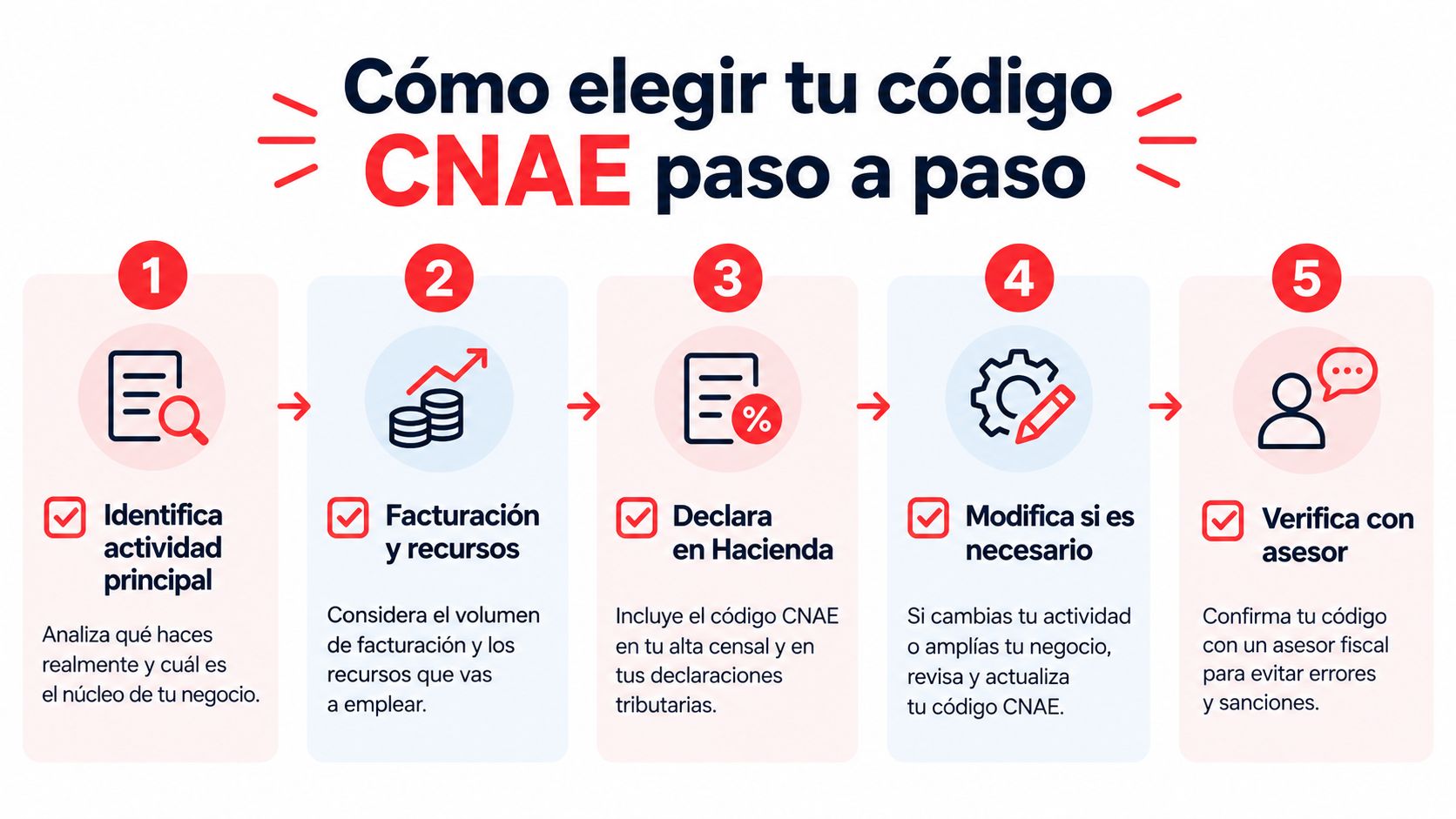Infografía paso a paso sobre cómo elegir correctamente el código CNAE para tu empresa o negocio.