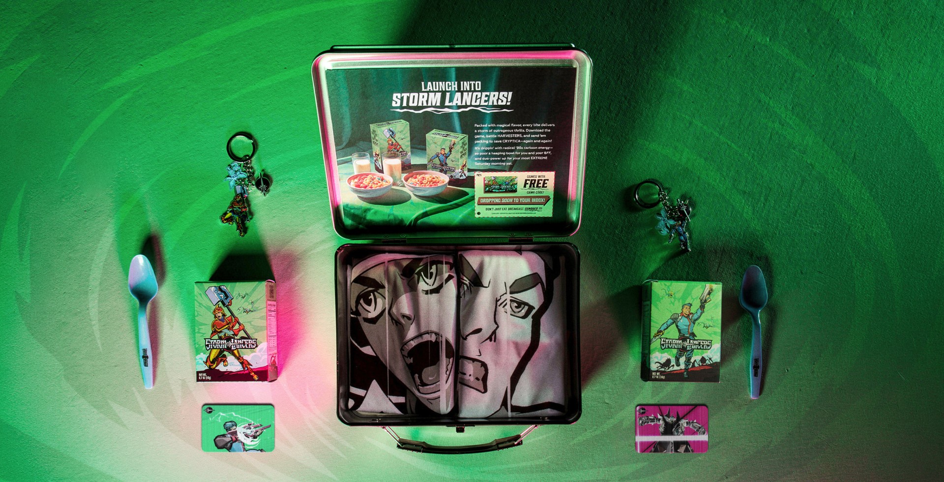 An expanded view of the Storm Lancers influencer kit including retro lunchbox, and tshirts, keychains, branded cereal boxes and spoons, and lenticulars for two