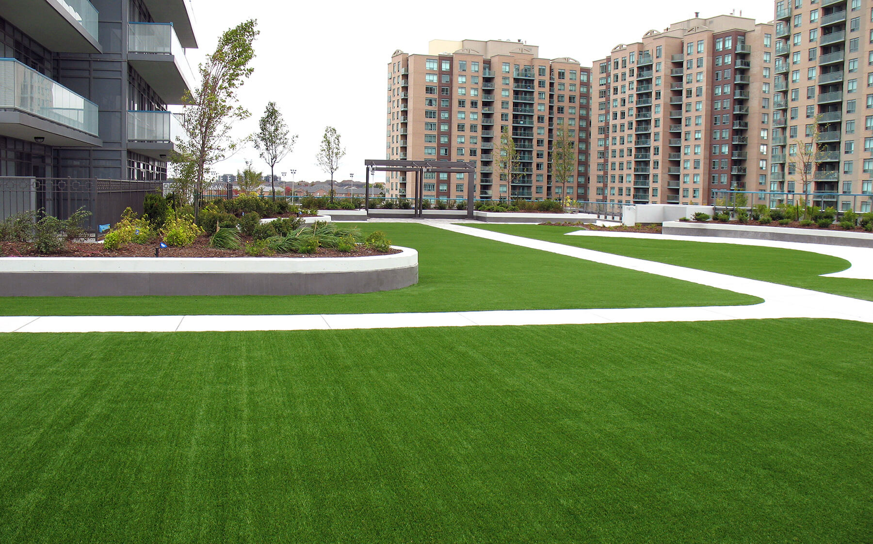 A stunning grass open-space field with clear white walkways leading to hi-rise apartments.