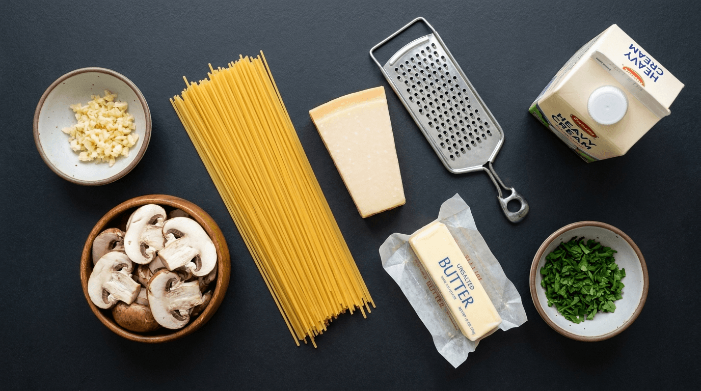 Overhead flat-lay of spaghetti Alfredo with mushrooms ingredients on dark countertop