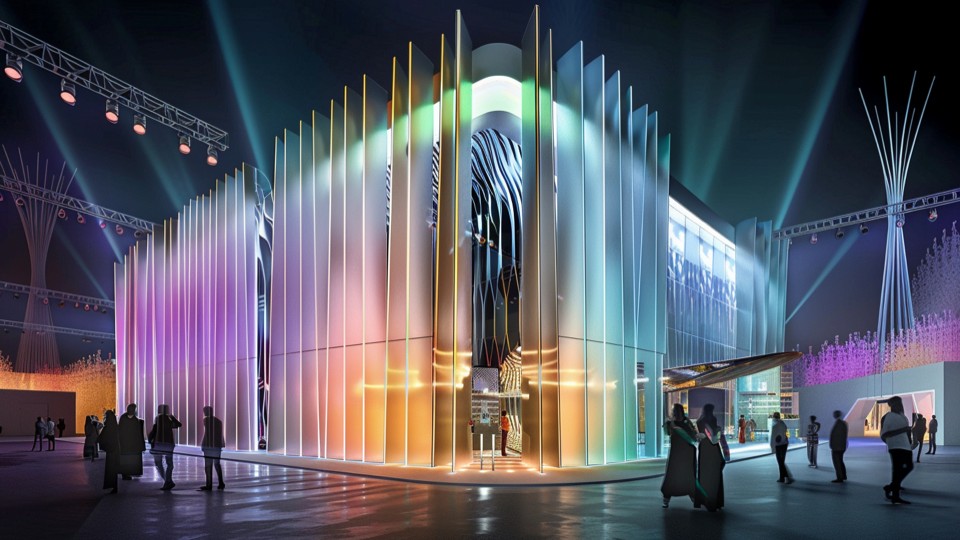 A modern architectural pavilion illuminated by vibrant, multicolored LED lights, with sleek vertical lines and a futuristic design, surrounded by people and set against a nighttime backdrop.