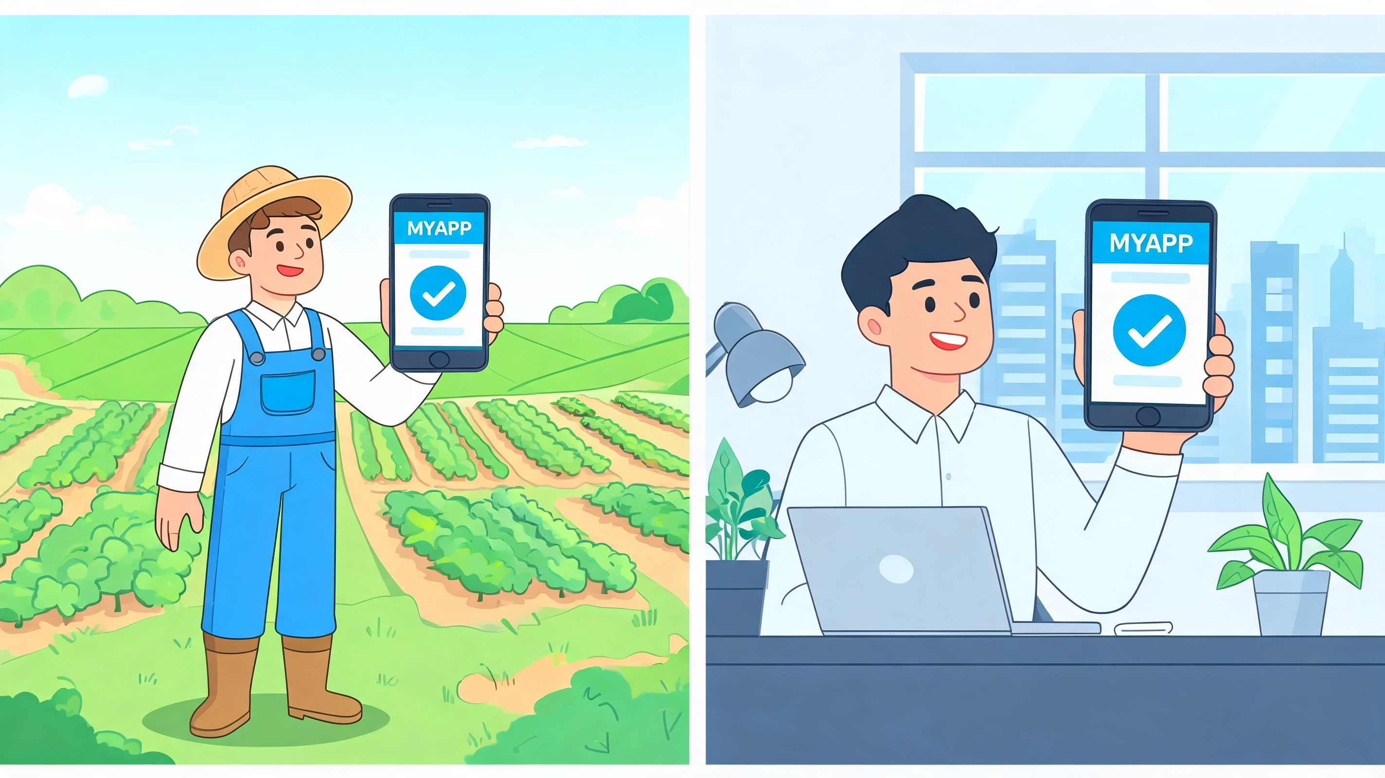 A farmer in a field and an office worker at a desk both displaying apps.
