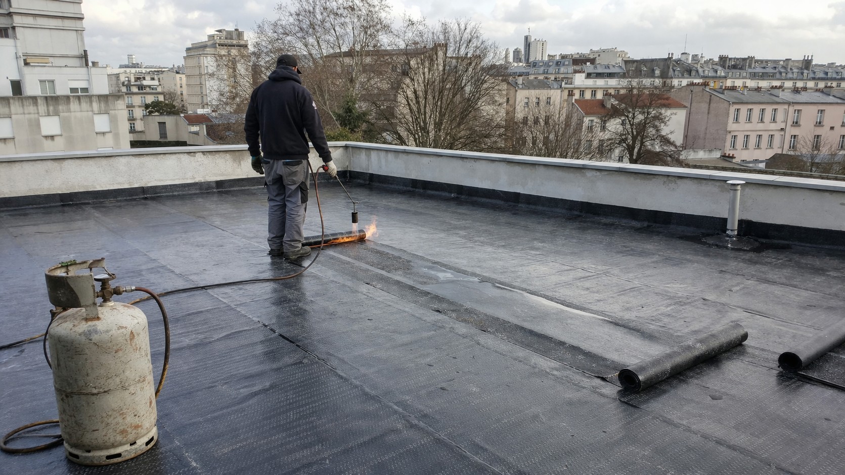 Ouvrier réalisant une réfection d’étanchéité sur une toiture terrasse avec membrane bitumineuse au chalumeau sur toit plat en milieu urbain
