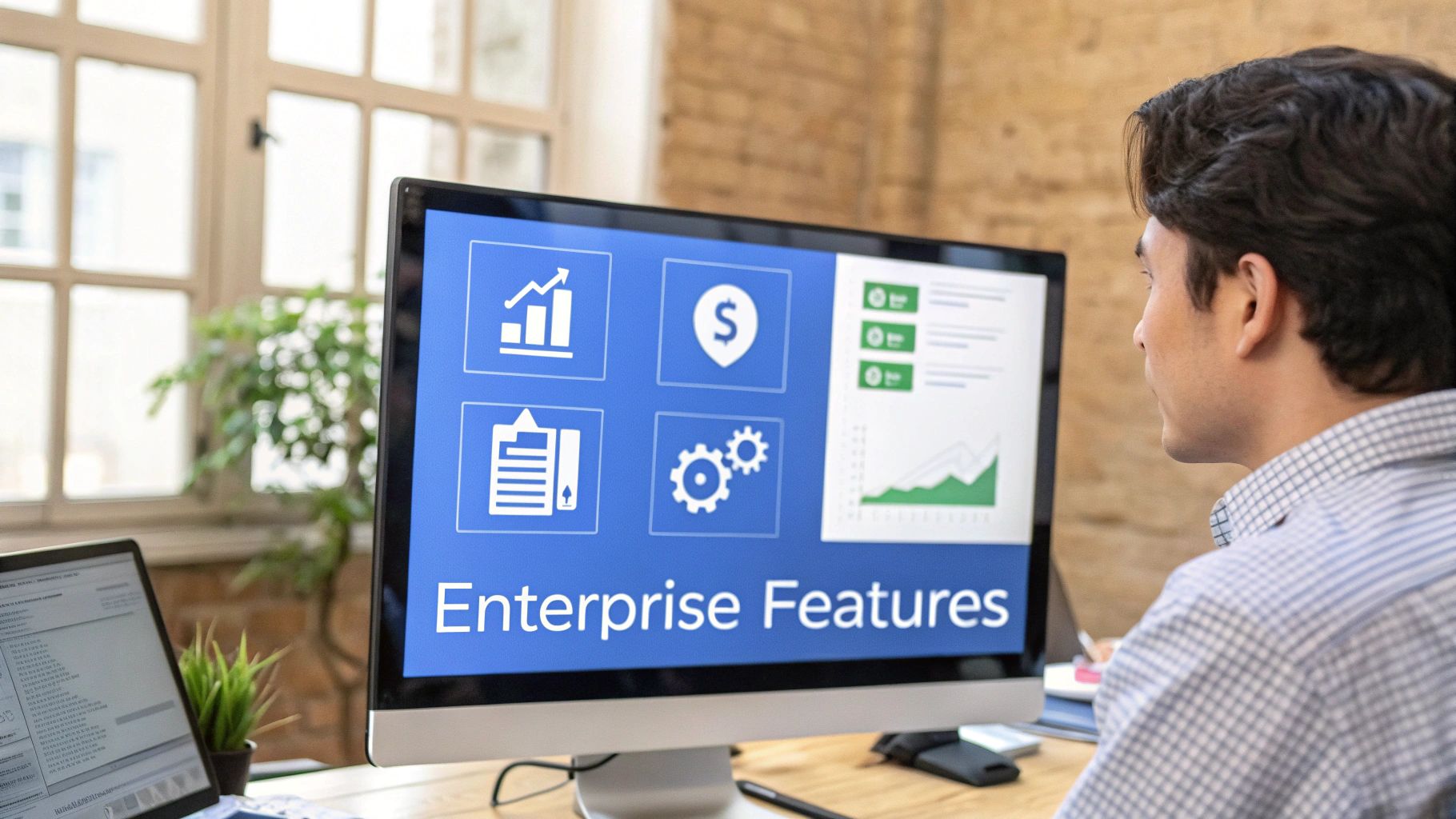 A man in a plaid shirt views a computer monitor displaying 'Enterprise Features' and business icons.
