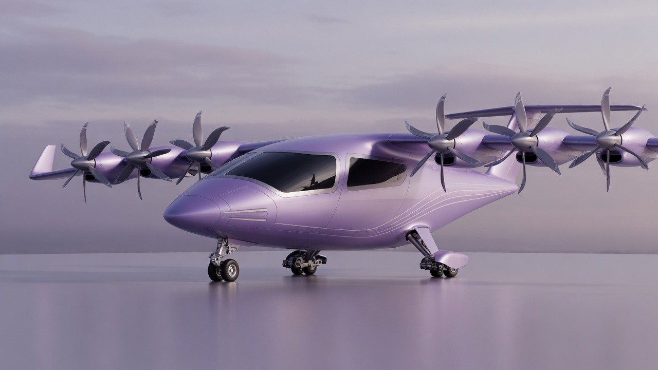 Futuristic aircraft concept over a technical landscape