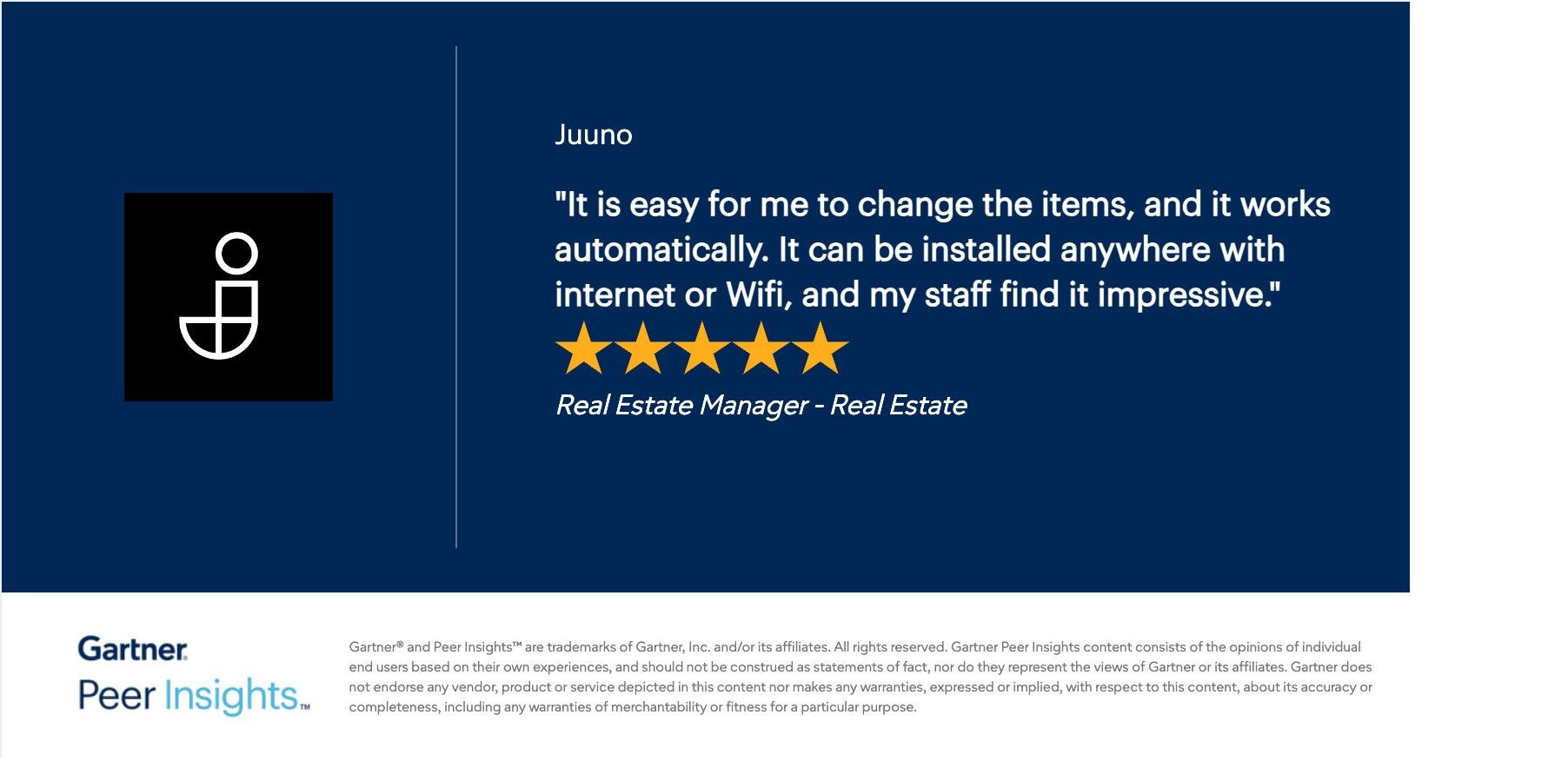 Gartner Peer Insights review snippet — Real Estate Manager in the Real Estate industry, 5/5 rating.