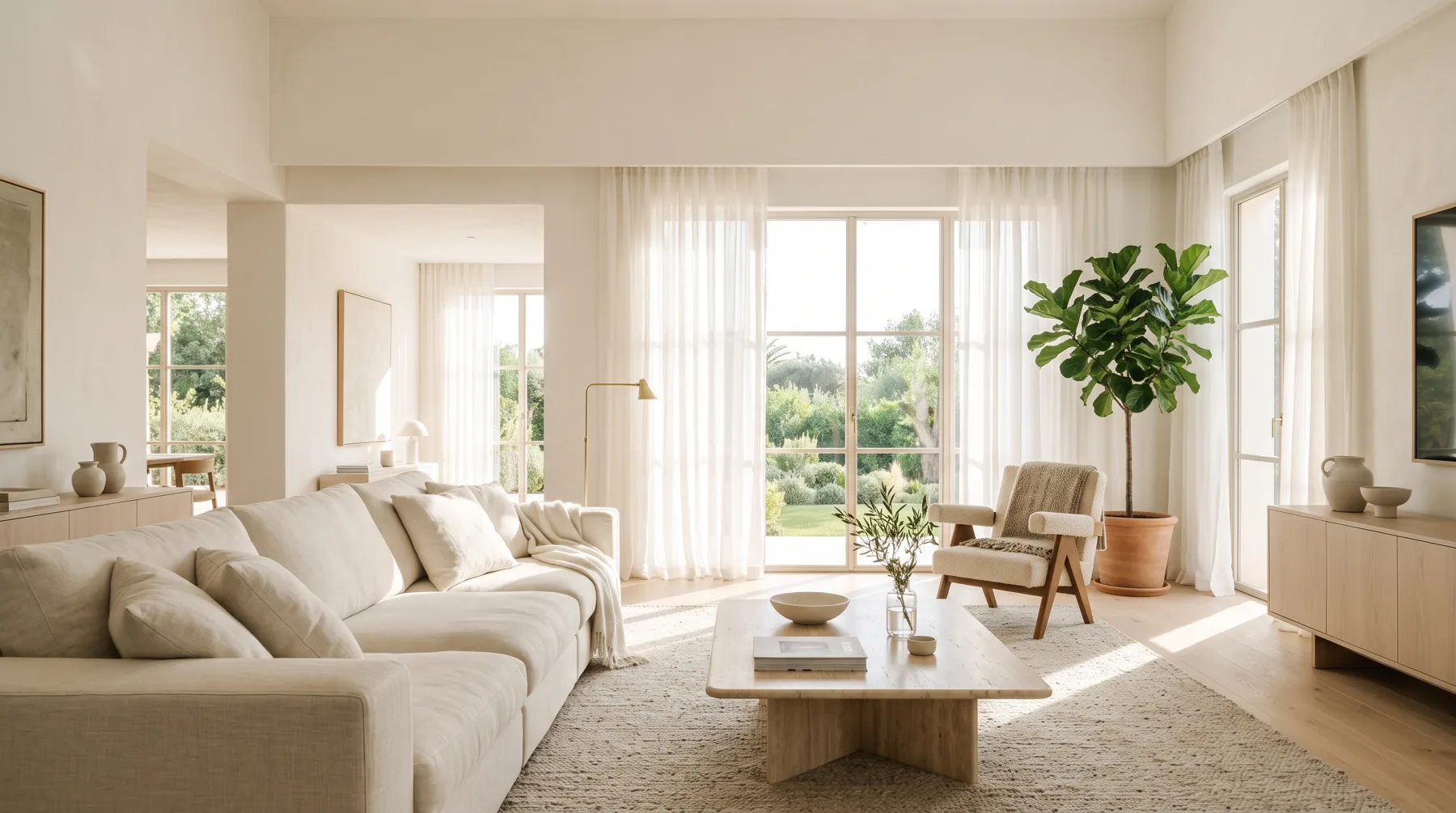 A sunlit living room with a cream sofa, a fig tree and open garden doors, just cleaned