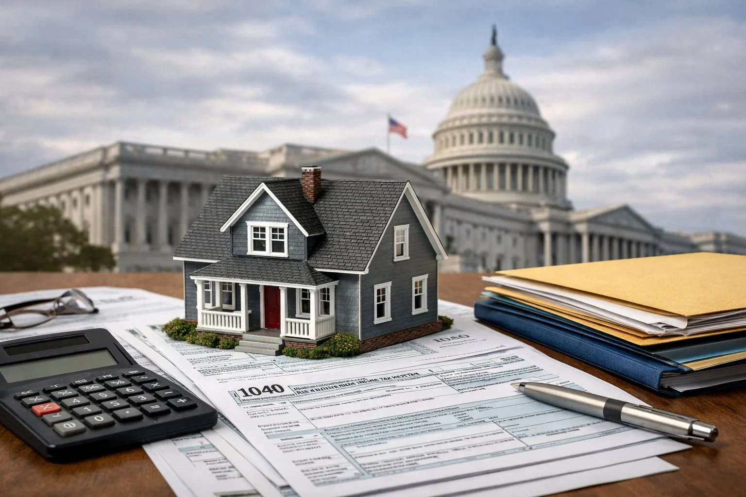 Residential property model on top of organized tax forms, calculator, and financial folders, with a government building silhouette in the background, representing regulatory oversight.