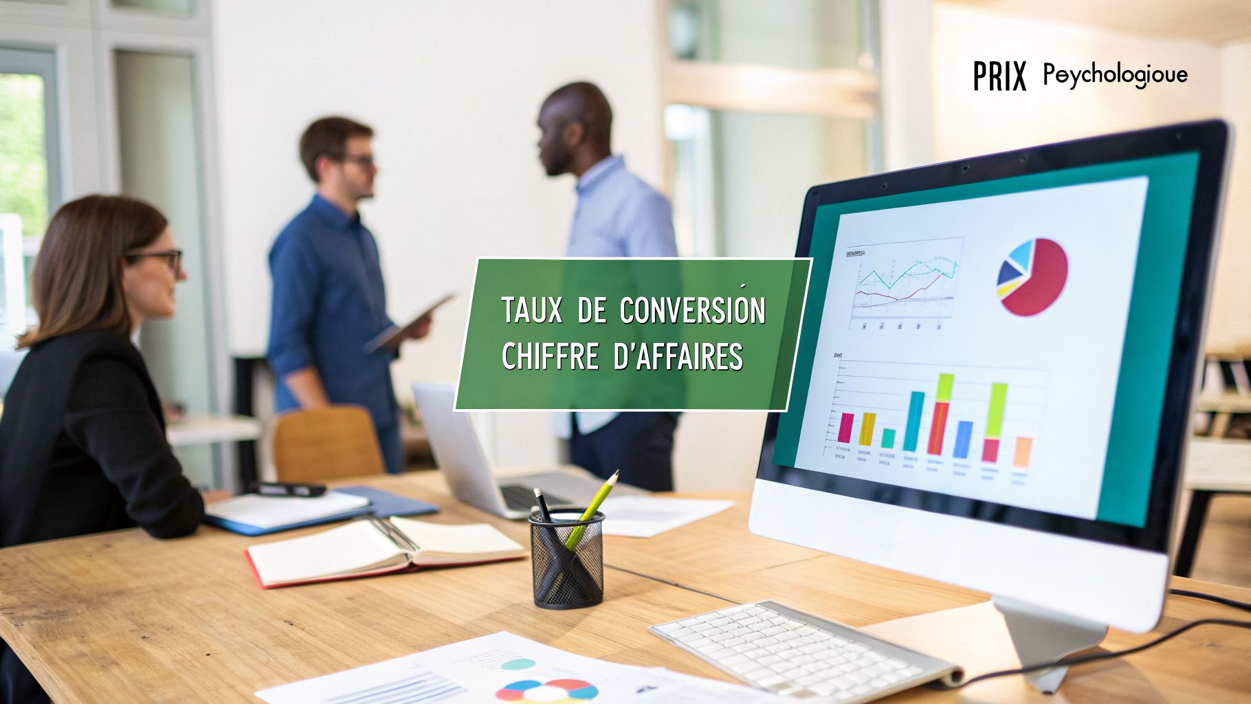 Une salle de réunion moderne avec un écran d'ordinateur affichant des graphiques de performance et des collaborateurs en discussion, soulignant les taux de conversion.