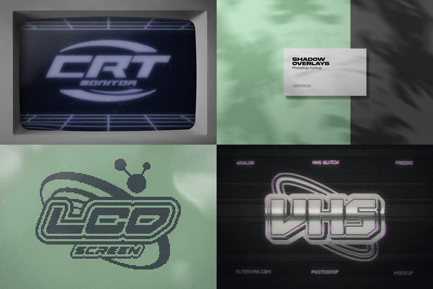 CRT screen effects and shadow overlay mockups included in Flyerwrk Freebies Vault for digital design