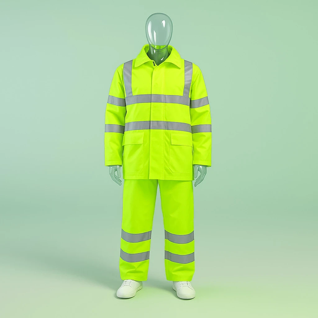 Mannequin displaying fluorescent yellow-green reflective airport safety workwear, including a jacket with two pockets and matching trousers, both featuring grey horizontal stripes, along with white sneakers.
