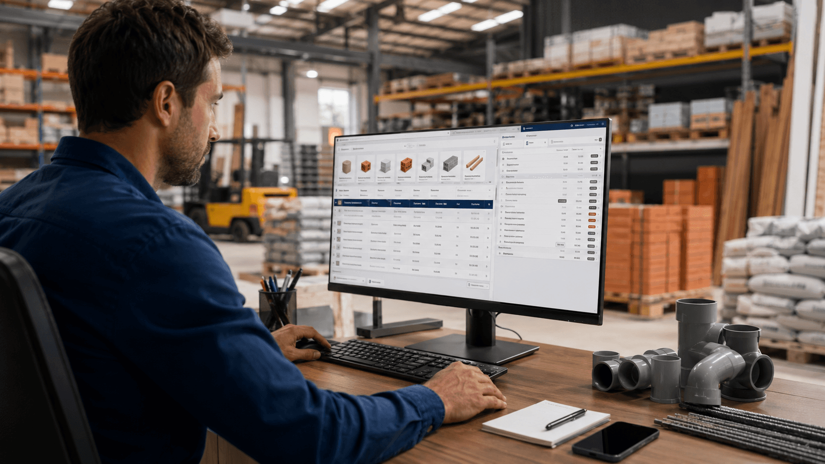 Ilustração 3D realista em formato 16:9 mostrando o ambiente de uma distribuidora de materiais de construção integrada digitalmente. Em primeiro plano, um profissional trabalha em um computador exibindo um catálogo técnico com produtos de construção, tabelas de preços e sistema de gestão. Ao redor da mesa há itens como conexões hidráulicas, tubos e materiais industriais. Ao fundo, um galpão moderno com pallets, prateleiras e estoque organizado reforça o contexto logístico e operacional da distribuidora. Ambiente profissional, iluminação natural e visual corporativo moderno.