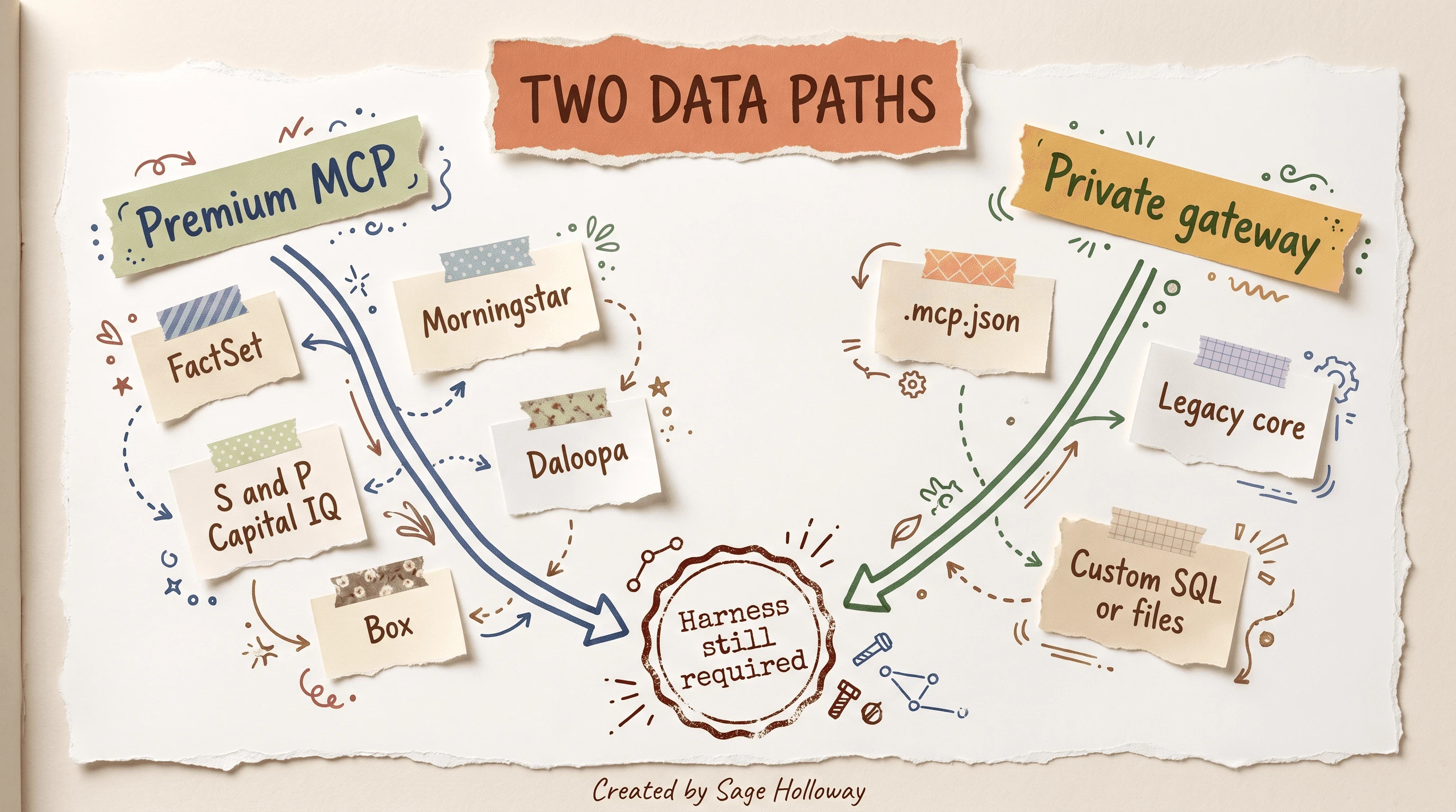 Scrapbook diagram of premium MCP connectors versus a private legacy database gateway