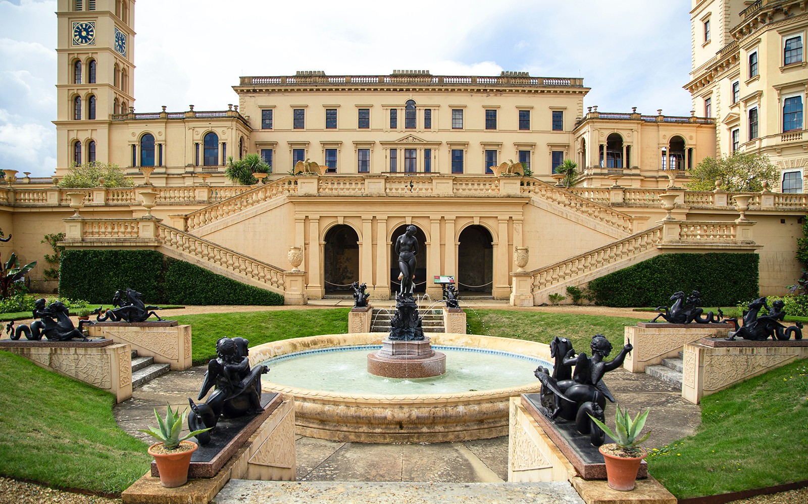 Osborne House garden with fountain and statues, Isle of Wight.
