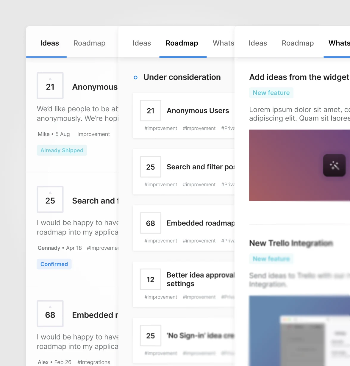ideas, roadmap and whats new widget