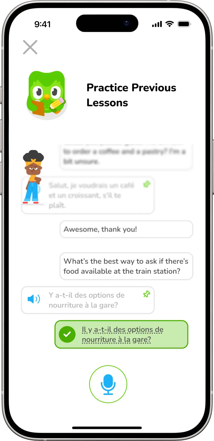 DuoChat feature hero showing the chat interface and phrasebook screens designed within Duolingo's existing visual system
