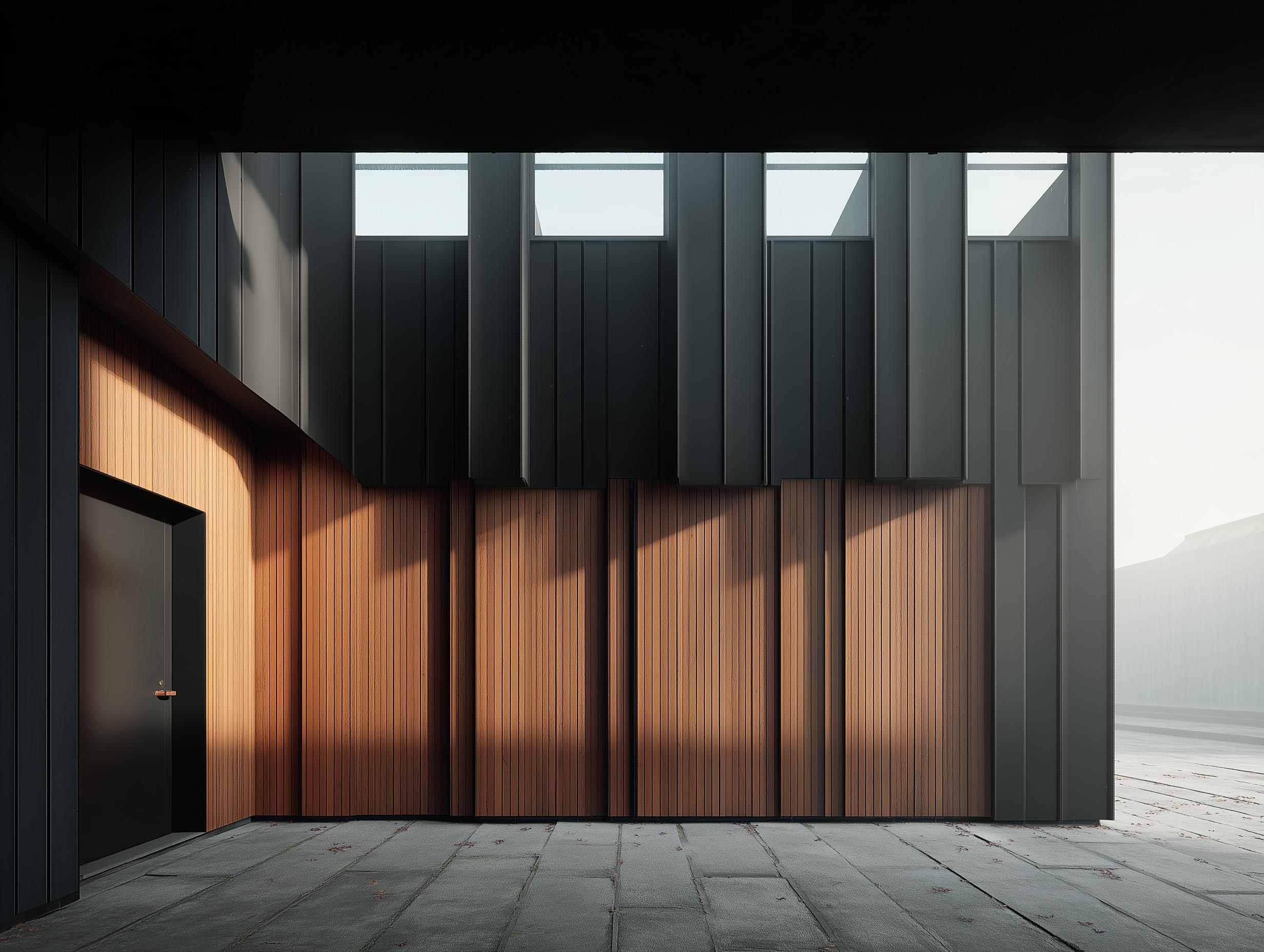 Close-up of vertical wooden panels with frost forming on surface, soft shadows across texture.