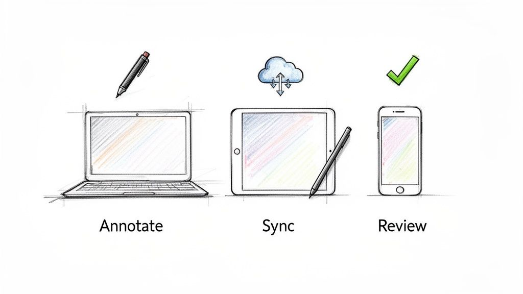 A sketch illustrating annotating on a laptop, syncing to a tablet via cloud, and reviewing on a smartphone.