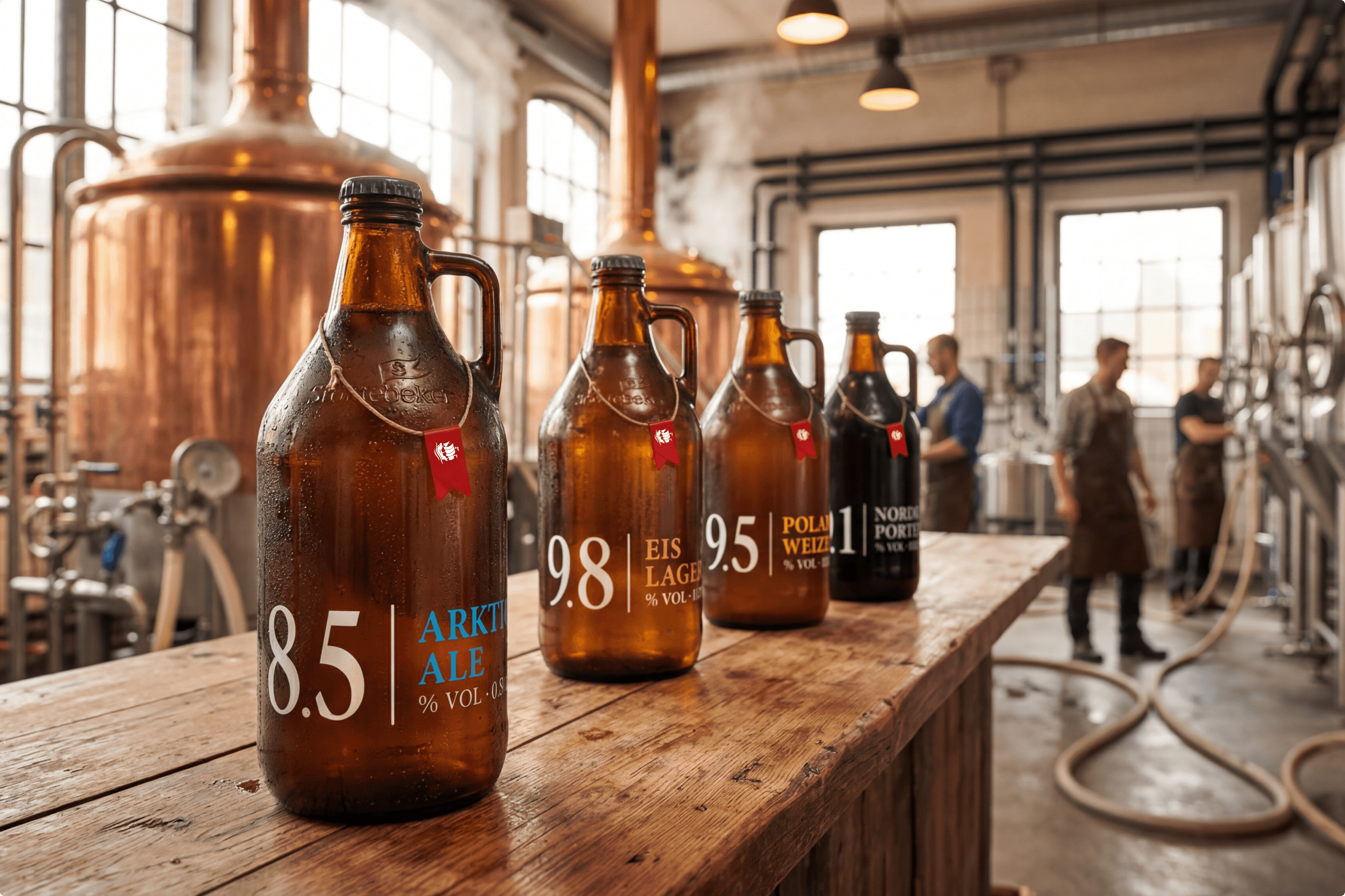 Beer bottles with labels on a wooden table.
