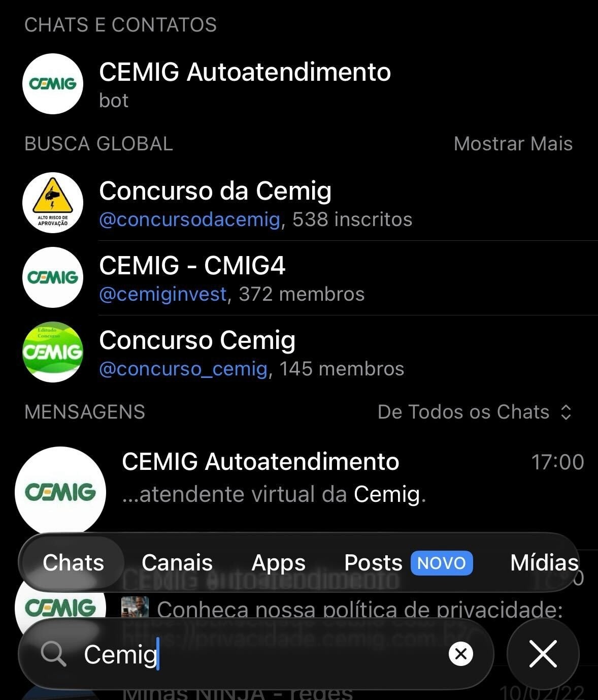 Tela de Atendimento da Cemig por Telegram