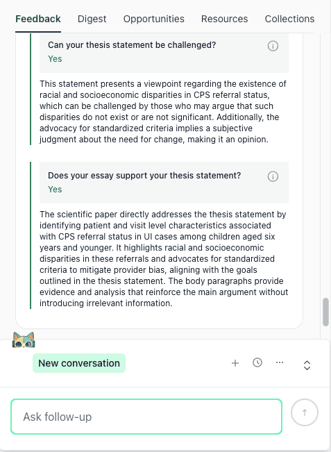 Screenshot of thesify feedback checking whether a thesis statement can be challenged and whether the draft supports the thesis statement.