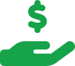 A green hand icon with a dollar sign above it, symbolizing financial support or monetary assistance.