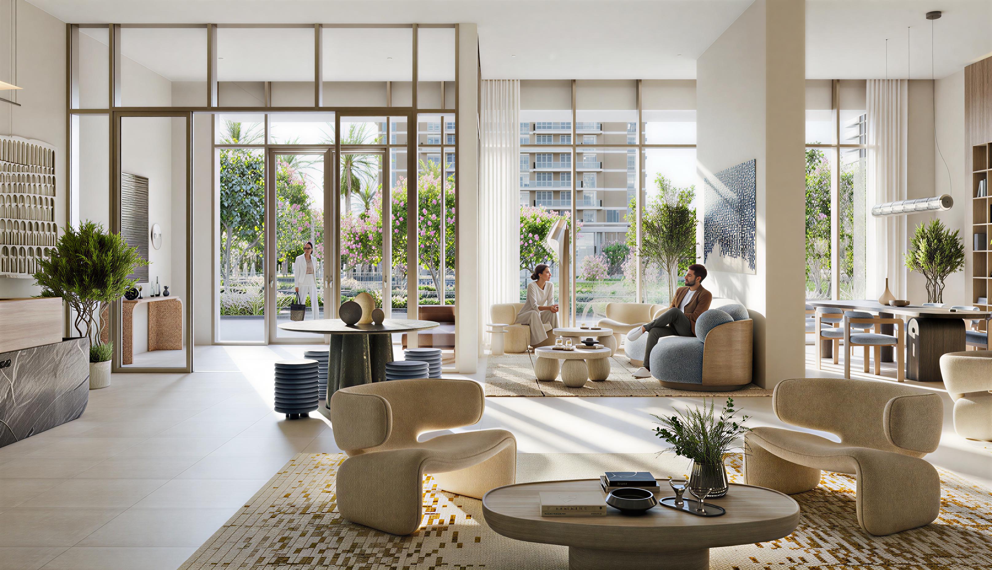 Bright and inviting lobby of a new apartment building, showcasing surf-inspired artwork and contemporary seating.