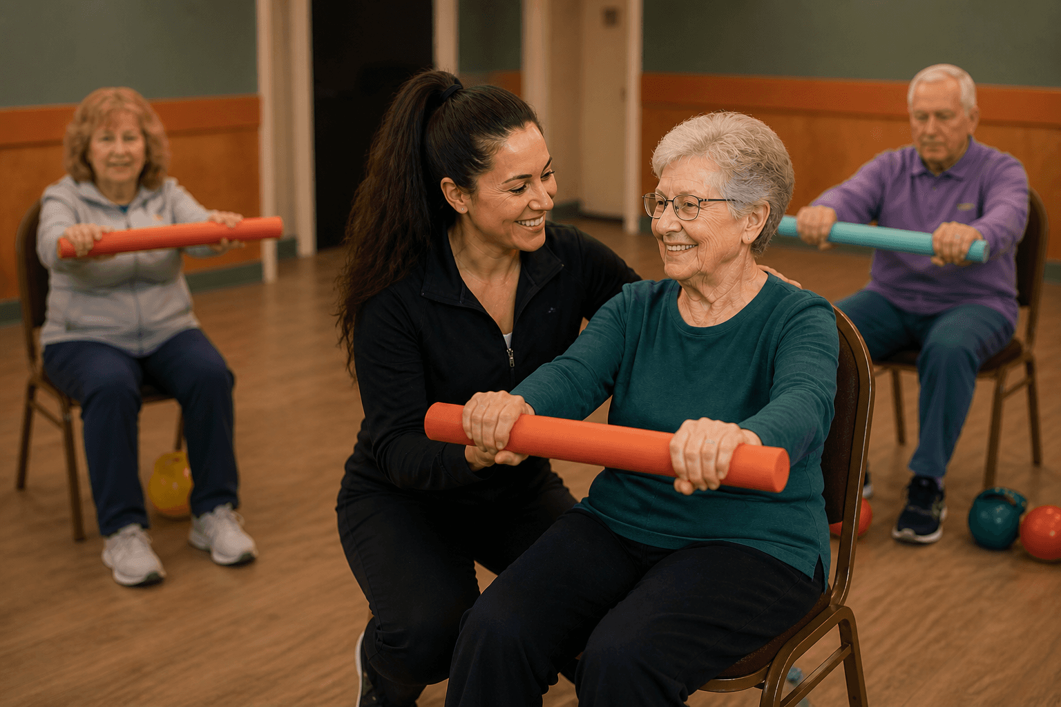 An elderly person exercises with resistance bands while seated, guided by a trainer in a bright, minimalistic room.