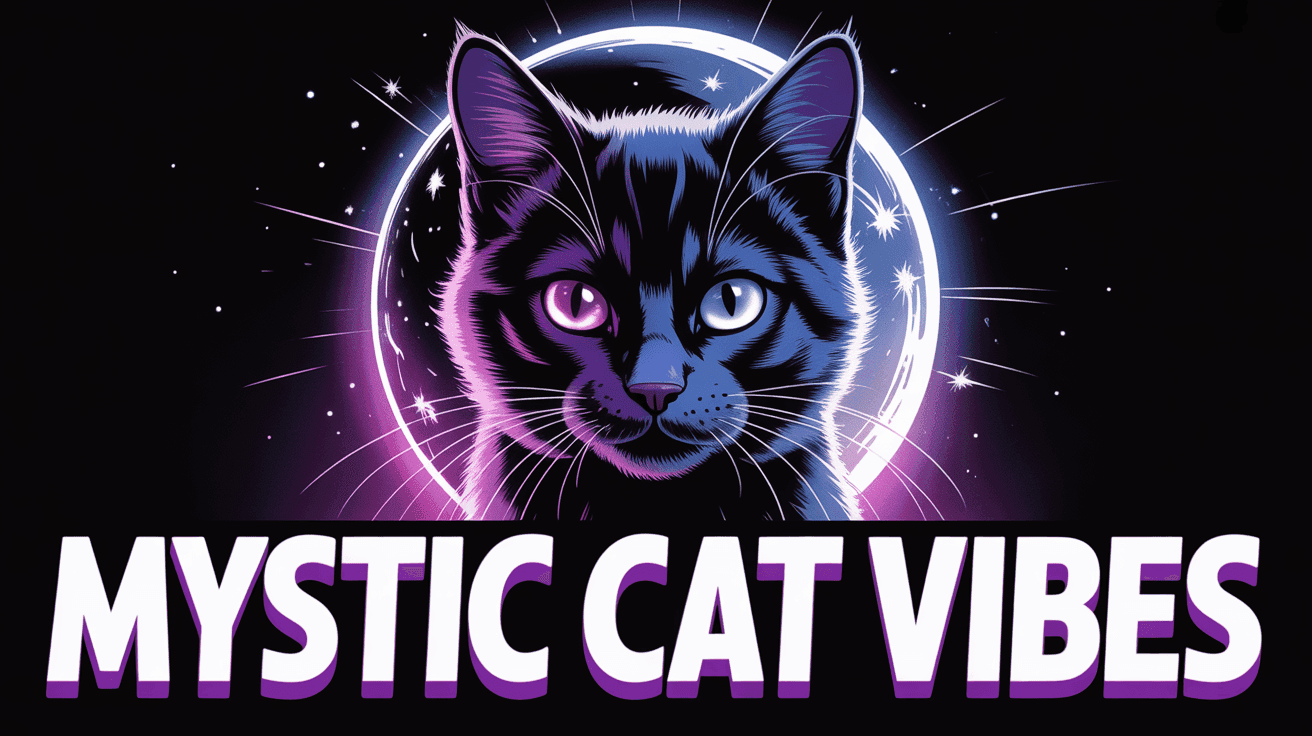Black cat with glowing eyes in moonlit scene reading MYSTIC CAT VIBES