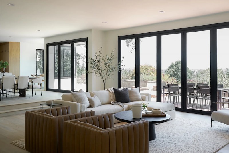 Wide-angle view showcasing the full layout and design of the open kitchen in the Fairhaven Eichler Tract remodel