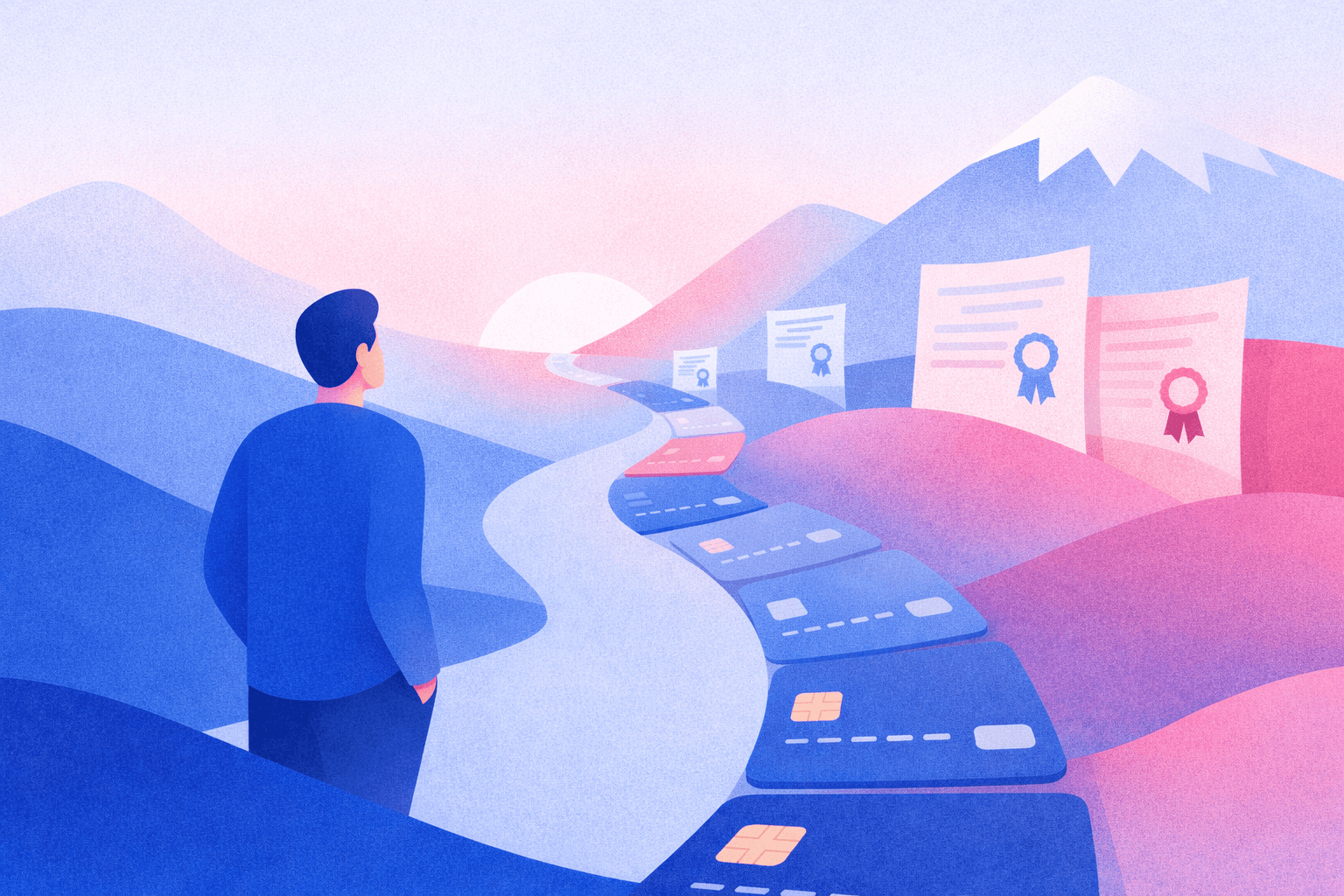 Ilustración conceptual sobre finanzas y educación. Muestra a una persona mirando un camino de tarjetas hacia el éxito, rodeado de diplomas.