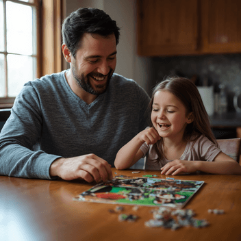 Ein Vater sitzt an einem Küchentisch mit seiner ca. 8-jährigen Tochter, beide lachen über ein gemeinsames Puzzle, natürliches Licht durch ein Fenster, dokumentarischer Editorial-Stil, hohe Detailtiefe, keine Texte im Bild.