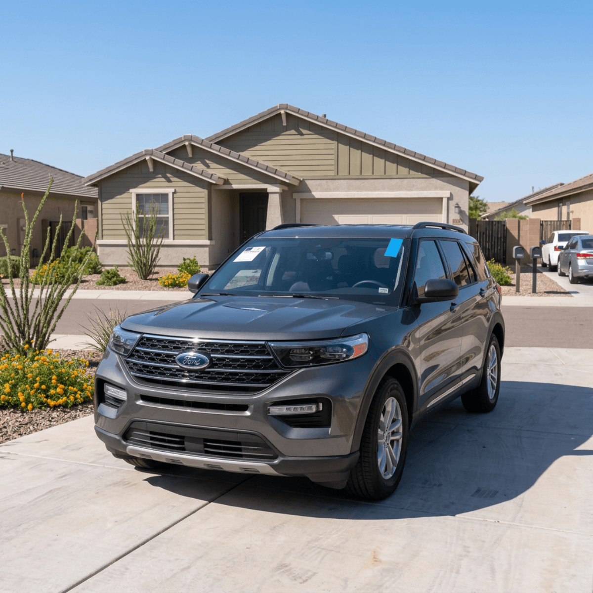 Bronze Ford Explorer cruising through a Flagstaff neighborhood with a freshly installed windshield by Bang AutoGlass