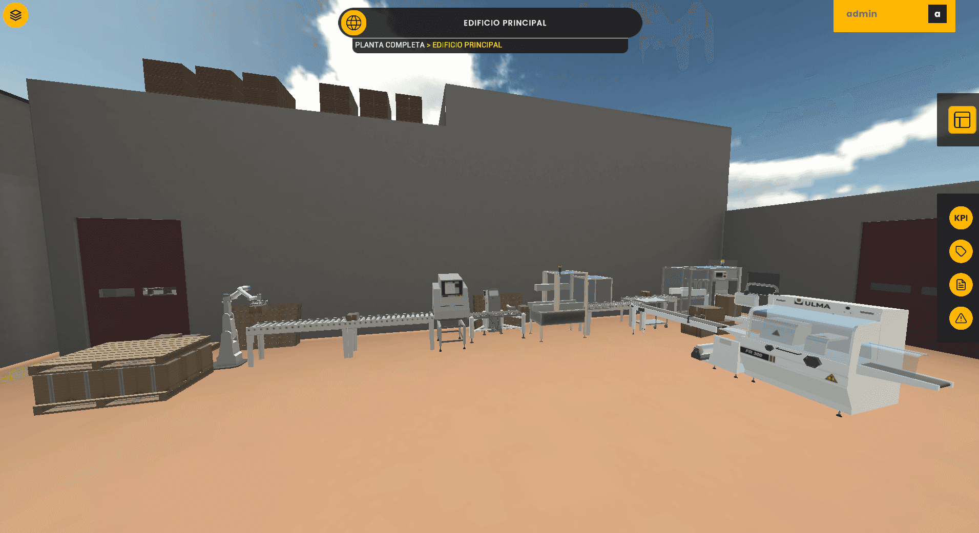 digital twin of the packaging line with information hotspots and 3D graphics