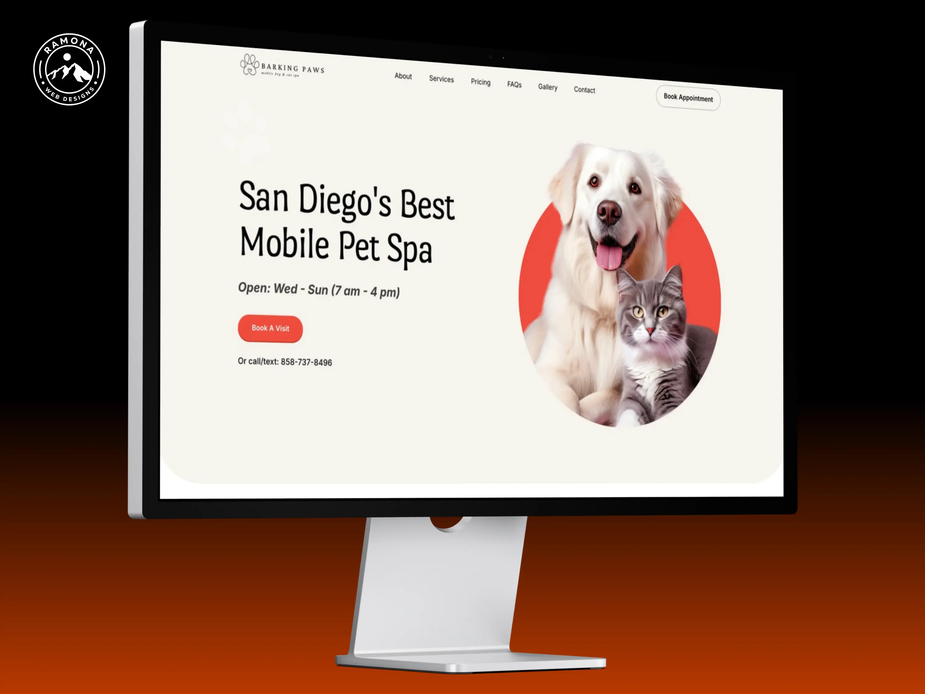 Desktop computer showing Barking Paws Mobile Dog Spa website homepage