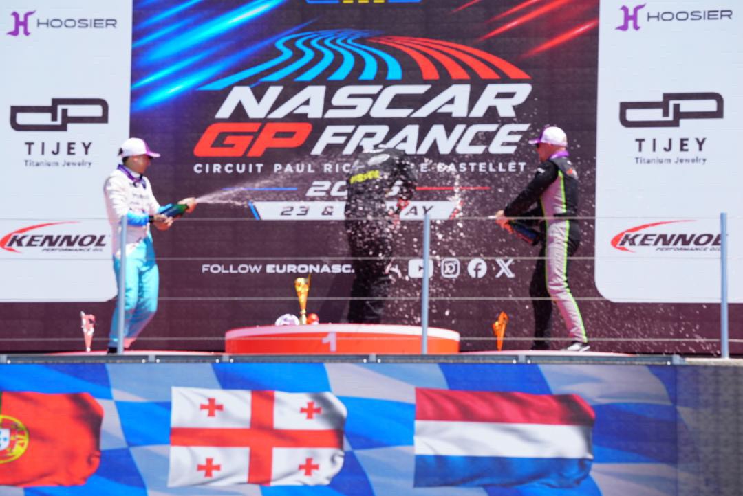Champagne celebration on the NASCAR Euro Series podium at Paul Ricard